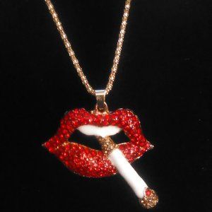 Sexy HOT Smokin RED LIPS Cool Cigarette Lipstick Rhinestone Pendant Necklace
